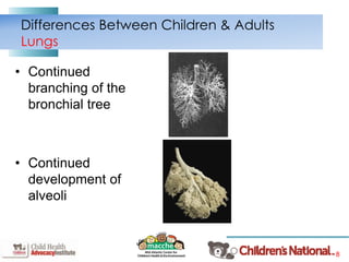 8
Differences Between Children & Adults
Lungs
• Continued
branching of the
bronchial tree
• Continued
development of
alveoli
 