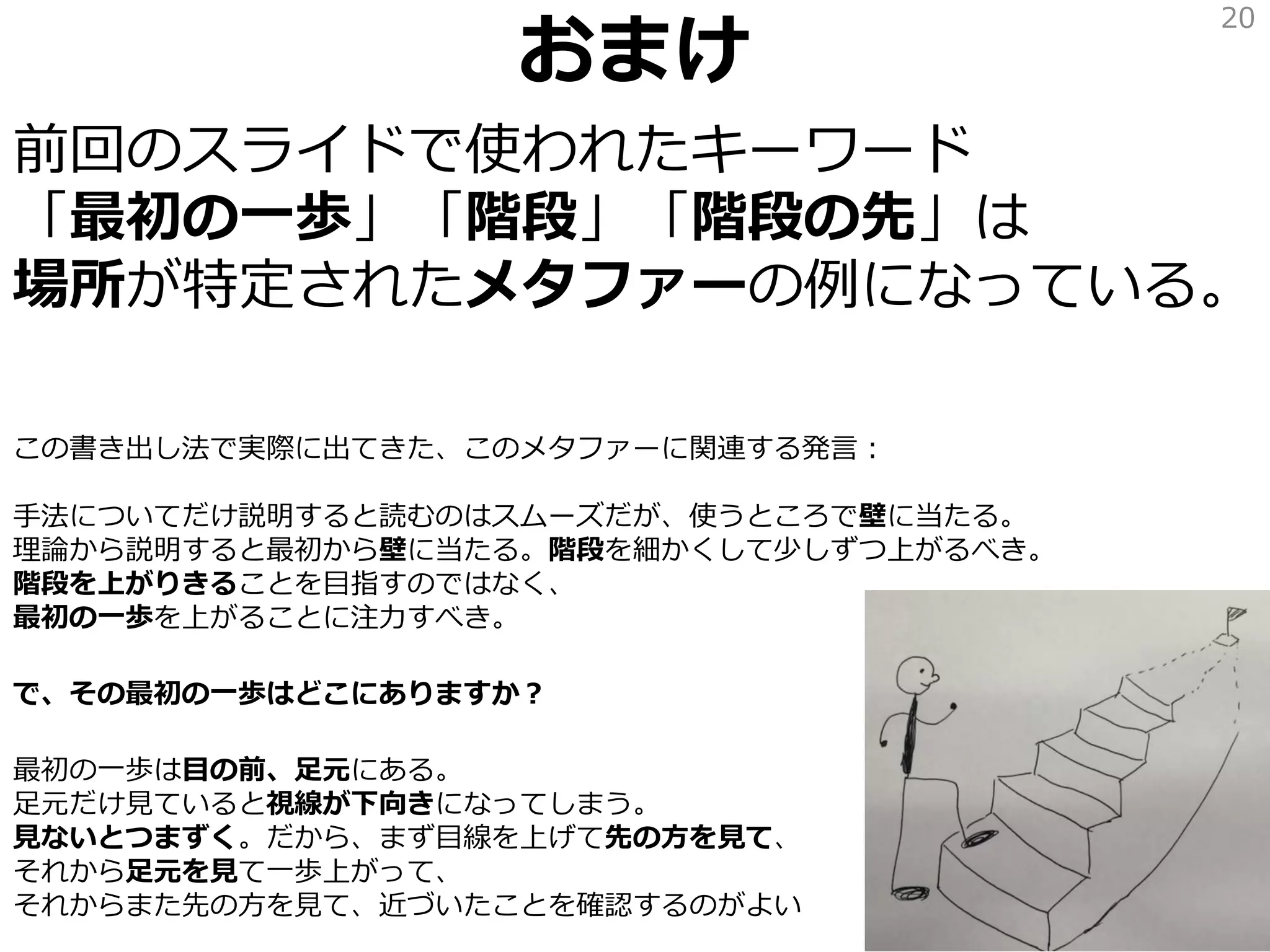 おまけ
前回のスライドで使われたキーワード
「最初の一歩」「階段」「階段の先」は
場所が特定されたメタファーの例になっている。
この書き出し法で実際に出てきた、このメタファーに関連する発言：
手法についてだけ説明すると読むのはスムーズだが、使うところで壁に当たる。
理論から説明すると最初から壁に当たる。階段を細かくして少しずつ上がるべき。
階段を上がりきることを目指すのではなく、
最初の一歩を上がることに注力すべき。
で、その最初の一歩はどこにありますか？
最初の一歩は目の前、足元にある。
足元だけ見ていると視線が下向きになってしまう。
見ないとつまずく。だから、まず目線を上げて先の方を見て、
それから足元を見て一歩上がって、
それからまた先の方を見て、近づいたことを確認するのがよい
20
 