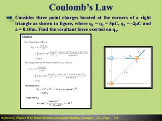 Consider three point charges located at the corners of a right
triangle as shown in figure, where q1 = q3 = 5μC, q2 = -2μC and
a = 0.10m. Find the resultant force exerted on q3.
Reference: Physics II by Robert Resnick and David Halliday, Example – 23.2, Page – 716
 