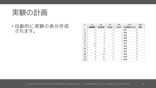 実験の計画
自動的に実験の表が作成さ
れます。
実験の実行順序はランダム
化されます。
 
