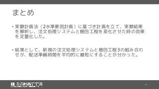 まとめ
• 実験計画法（ 水準要因計画）に基づき計画を立て、実験結果
を解析し、注文処理システムと梱包工程を変化させた時の効果
を定量化した。
• 結果として、新規の注文処理システムと梱包工程 の組み合わ
せが、配送準備時間を平均的に最短にすることが分かった。
 