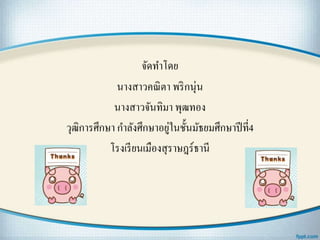 จัดทาโดย
นางสาวคณิตา พริกนุ่น
นางสาวจันทิมา พุฒทอง
วุฒิการศึกษา กาลังศึกษาอยู่ในชั้นมัธยมศึกษาปีที่4
โรงเรียนเมืองสุราษฎร์ธานี
 