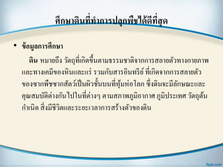 ศึกษาึϸนที่ทาการปลุกพืชได้ดีที่สุด
• ข้อมูลการศึกษา
ึϸน หมายถึง วัตถุที่เกิดขึ้นตามธรรมชาติจากการสลายตัวทางกายภาพ
และทางเคมีของหินและแร่ รวมกับสารอินทรีย์ที่เกิดจากการสลายตัว
ของซากพืชซากสัตว์เป็นผิวชั้นบนที่หุ้มห่อโลก ซึ่งึϸนจะมีลักษณะและ
คุณสมบัติต่างกันไปในที่ต่างๆ ตามสภาพภูมิอากาศ ภูมิประเทศ วัตถุต้น
กาเนิด สิ่งมีชีวิตและระยะเวลาการสร้างตัวของึϸน
 