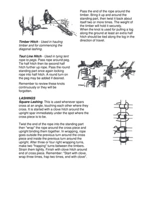 Timber Hitch - Used in hauling
timber and for commencing the
diagonal lashing.
Pass the end of the rope around the
timber. Bring it up and around the
standing part, then twist it back about
itself two or more times. The weight of
the timber will hold it securely.
When the knot is used for pulling a log
along the ground at least an extra half
hitch should be tied along the log in the
direction of travel.
Taut Line Hitch - Used in tying tent
rope to pegs. Pass rope around peg.
Tie half hitch then tie second half
hitch further up rope. Pass the round
standing part once again locking
rope into half hitch. A round turn on
the peg may be added if desired.
Remember to review these knots
continuously or they will be
forgotten.
LASHINGS
Square Lashing. This is used whenever spars
cross at an angle, touching each other where they
cross. It is started with a clove hitch around the
upright spar immediately under the spot where the
cross piece is to be.
Twist the end of the rope into the standing part
then "wrap" the rope around the cross piece and
upright binding them together. In wrapping, rope
goes outside the previous turn around the cross
piece and inside the previous turn around the
upright. After three or four right wrapping turns,
make two "frapping" turns between the timbers.
Strain them tightly. Finish with clove hitch around
end of cross piece. Remember: "Start with clove,
wrap three times, frap two times, end with clove".
 