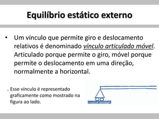 Equilíbrio estático externo
• Um vínculo que permite giro e deslocamento
relativos é denominado vínculo articulado móvel.
Articulado porque permite o giro, móvel porque
permite o deslocamento em uma direção,
normalmente a horizontal.
₋ Esse vínculo é representado
graficamente como mostrado na
figura ao lado.
 