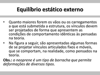 Equilíbrio estático externo
• Quanto maiores forem os vãos ou os carregamentos
a que está submetida a estrutura, os vínculos devem
ser projetados de forma que apresentem as
condições de comportamento idênticas às pensadas
na teoria.
• Na figura a seguir, são apresentadas algumas formas
de se projetar vínculos articulados fixos e móveis,
que se comportam, na realidade, como pensados na
teoria.
Obs.: o neoprene é um tipo de borracha que permite
deformações de diversos tipos.
 