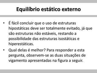 Equilíbrio estático externo
• É fácil concluir que o uso de estruturas
hipostáticas deve ser totalmente evitado, já que
são estruturas não estáveis, restando a
possibilidade das estruturas isostáticas e
hiperestáticas.
• Qual delas é melhor? Para responder a esta
pergunta, observem-se as duas situações de
vigamento apresentadas na figura a seguir.
 