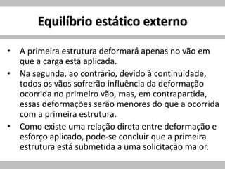 Equilíbrio estático externo
• A primeira estrutura deformará apenas no vão em
que a carga está aplicada.
• Na segunda, ao contrário, devido à continuidade,
todos os vãos sofrerão influência da deformação
ocorrida no primeiro vão, mas, em contrapartida,
essas deformações serão menores do que a ocorrida
com a primeira estrutura.
• Como existe uma relação direta entre deformação e
esforço aplicado, pode-se concluir que a primeira
estrutura está submetida a uma solicitação maior.
 