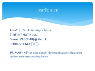CREATE TABLE `ชื่อฐานข้อมูล`.`ชื่อตาราง`
( `id` INT NOT NULL,
`name` VARCHAR(45) NULL,
PRIMARY KEY (`id`));
PRIMARY KEY คือ คีย์คู่แข่งที่ถูกเลือก เพื่อกาหนดให้ข้อมูลในตารางนั้นมีความเป็น
เอกลักษณ์ แยกให้แถวแต่ละแถวมีข้อมูลไม่ซ้ากัน
การสร้างตาราง
 