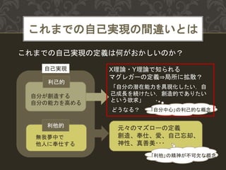 これまでの自己実現の間違いとは
利己的
自分が創造する
自分の能力を高める
利他的
無我夢中で
他人に奉仕する
X理論・Y理論で知られる
マグレガーの定義⇒局所に拡散？
「自分の潜在能力を具現化したい，自
己成長を続けたい，創造的でありたい
という欲求」
｢自分中心｣の利己的な概念
元々のマズローの定義
創造、奉仕、愛、自己忘却、
神性、真善美･･･
自己実現
これまでの自己実現の定義は何がおかしいのか？
｢利他｣の精神が不可欠な概念
どうなる？
 