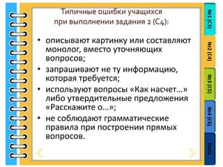 №1(С3)№2(С4)№3(С5)№4(С6)Extra
Типичные ошибки учащихся
при выполнении задания 2 (C4):
• описывают картинку или составляют
монолог, вместо уточняющих
вопросов;
• запрашивают не ту информацию,
которая требуется;
• используют вопросы «Как насчет…»
либо утвердительные предложения
«Расскажите о…»;
• не соблюдают грамматические
правила при построении прямых
вопросов.
 