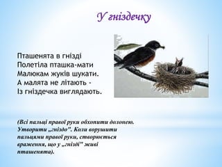 Пташенята в гнiздi
Полетіла пташка-мати
Малюкам жуків шукати.
А малята не літають -
Із гніздечка виглядають.
(Bci пальці правої руки обхопити долонею.
Утворити „гніздо". Коли ворушити
пальцями правої руки, створюється
враження, що у „гнiздi" живі
пташенята).
У гніздечку
 