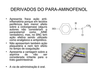 DERIVADOS DO PARA-AMINOFENOL
• Apresenta fraca ação anti-
inflamatória porque em tecidos
periféricos tem menor efeito
sobre a cicloxigenase (alguns
autores não consideram o
paracetamol como AINE
verdadeiro), mas, no SNC tem
ação efetiva sendo utilizado
como analgésico e antipirético.
• Não apresentam também ação
plaquetária e nem tem efeito
no tempo de coagulação
• Apresenta a vantagem sobre a
aspirina de não ser
considerada irritante para o
trato gastrintestinal.
• A via de administração é oral.
 