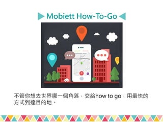 Mobiett How-To-Go
不管你想去世界哪一個角落，交給how to go，用最快的
方式到達目的地。
 