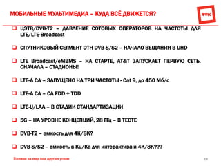 10
МОБИЛЬНЫЕ МУЛЬТИМЕДИА – КУДА ВСЁ ДВИЖЕТСЯ?
 ЦЭТВ/DVB-T2 – ДАВЛЕНИЕ СОТОВЫХ ОПЕРАТОРОВ НА ЧАСТОТЫ ДЛЯ
LTE/LTE-Broadcast
 СПУТНИКОВЫЙ СЕГМЕНТ DTH DVB-S/S2 – НАЧАЛО ВЕЩАНИЯ В UHD
 LTE Broadcast/eMBMS – НА СТАРТЕ, AT&T ЗАПУСКАЕТ ПЕРВУЮ СЕТЬ.
СНАЧАЛА – СТАДИОНЫ!
 LTE-A CA – ЗАПУЩЕНО НА ТРИ ЧАСТОТЫ - Cat 9, до 450 Мб/с
 LTE-A CA – CA FDD + TDD
 LTE-U/LAA – В СТАДИИ СТАНДАРТИЗАЦИИ
 5G – НА УРОВНЕ КОНЦЕПЦИЙ, 28 ГГц – В ТЕСТЕ
 DVB-T2 – емкость для 4К/8К?
 DVB-S/S2 – емкость в Ku/Ka для интерактива и 4К/8К???
 