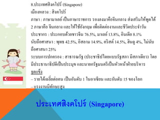 8.ประเทศสิงคโปร์ (Singapore)
เมืองหลวง : สิงคโปร์
ภาษา : ภาษามาเลย์เป็นภาษาราชการ รองลงมาคือจีนกลาง ส่งเสริมให้พูดได้
2 ภาษาคือ จีนกลาง และให้ใช้อังกฤษ เพื่อติดต่องานและชีวิตประจาวัน
ประชากร : ประกอบด้วยชาวจีน 76.5%, มาเลย์13.8%, อินเดีย 8.1%
นับถือศาสนา : พุทธ 42.5%, อิสลาม 14.9%, คริสต์ 14.5%, ฮินดู 4%, ไม่นับ
ถือศาสนา 25%
ระบบการปกครอง : สาธารณรัฐ (ประชาธิปไตยแบบรัฐสภา มีสภาเดียว) โดย
มีประธานาธิปดีเป็นประมุข และนายกรัฐมนตรีเป็นหัวหน้าฝ่ายบริหาร
จุดแข็ง
– รายได้เฉลี่ยต่อคน เป็นอันดับ 1 ในอาเซียน และอันดับ 15 ของโลก
– แรงงานมีทักษะสูง
ประเทศสิงคโปร์ (Singapore)
 