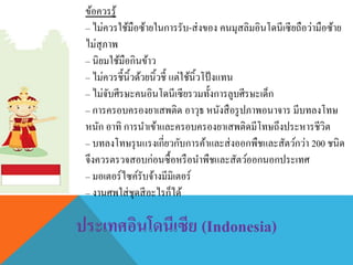 ข้อควรรู้
– ไม่ควรใช้มือซ้ายในการรับ-ส่งของ คนมุสลิมอินโดนีเซียถือว่ามือซ้าย
ไม่สุภาพ
– นิยมใช้มือกินข้าว
– ไม่ควรชี้นิ้วด้วยนิ้วชี้ แต่ใช้นิ้วโป้งแทน
– ไม่จับศีรษะคนอินโดนีเซียรวมทั้งการลูบศีรษะเด็ก
– การครอบครองยาเสพติด อาวุธ หนังสือรูปภาพอนาจาร มีบทลงโทษ
หนัก อาทิ การนาเข้าและครอบครองยาเสพติดมีโทษถึงประหารชีวิต
– บทลงโทษรุนแรงเกี่ยวกับการค้าและส่งออกพืชและสัตว์กว่า 200 ชนิด
จึงควรตรวจสอบก่อนซื้อหรือนาพืชและสัตว์ออกนอกประเทศ
– มอเตอร์ไซค์รับจ้างมีมิเตอร์
– งานศพใส่ชุดสีอะไรก็ได้
 