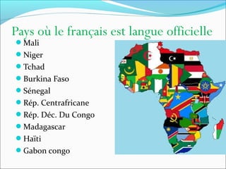 Pays où le français est langue officielle
Mali
Niger
Tchad
Burkina Faso
Sénegal
Rép. Centrafricane
Rép. Déc. Du Congo
Madagascar
Haïti
Gabon congo
 
