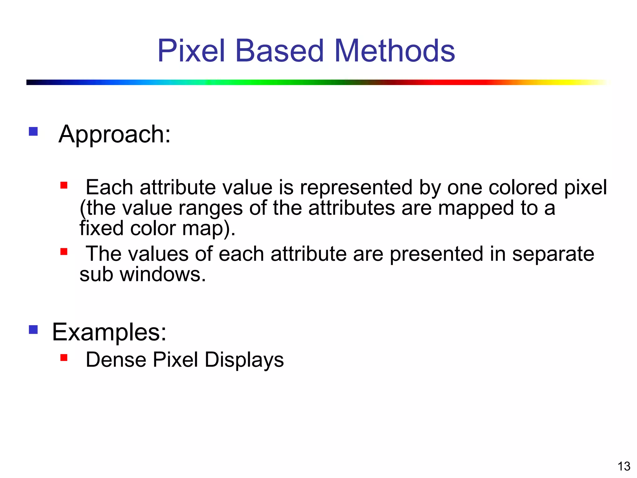 13
Pixel Based Methods
 Approach:
 Each attribute value is represented by one colored pixel
(the value ranges of the attributes are mapped to a
fixed color map).
 The values of each attribute are presented in separate
sub windows.
 Examples:
 Dense Pixel Displays
 