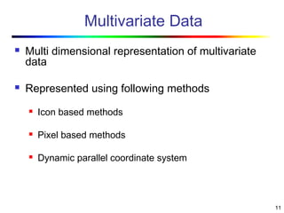 11
Multivariate Data
 Multi dimensional representation of multivariate
data
 Represented using following methods
 Icon based methods
 Pixel based methods
 Dynamic parallel coordinate system
 