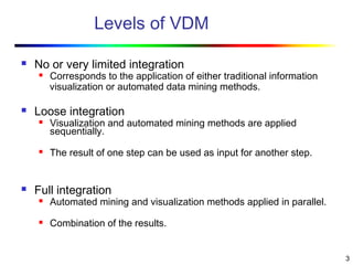 3
Levels of VDM
 No or very limited integration
 Corresponds to the application of either traditional information
visualization or automated data mining methods.
 Loose integration
 Visualization and automated mining methods are applied
sequentially.
 The result of one step can be used as input for another step.
 Full integration
 Automated mining and visualization methods applied in parallel.
 Combination of the results.
 