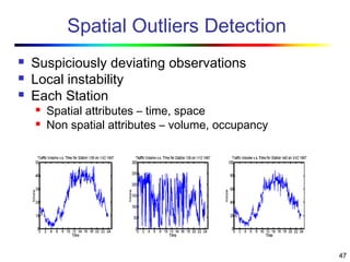 47
Spatial Outliers Detection
 Suspiciously deviating observations
 Local instability
 Each Station
 Spatial attributes – time, space
 Non spatial attributes – volume, occupancy
 