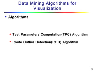 57
Data Mining Algorithms for
Visualization
 Algorithms
 Test Parameters Computation(TPC) Algorithm
 Route Outlier Detection(ROD) Algorithm
 