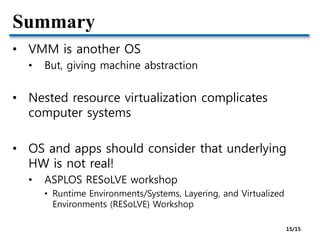 Summary
• VMM is another OS
• But, giving machine abstraction
• Nested resource virtualization complicates
computer systems
• OS and apps should consider that underlying
HW is not real!
• ASPLOS RESoLVE workshop
• Runtime Environments/Systems, Layering, and Virtualized
Environments (RESoLVE) Workshop
15/15
 