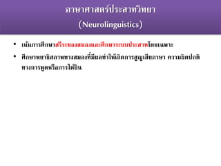 ภาษาศาสตร์ประสาทวิทยา
(Neurolinguistics)
• เน้นการศึกษาสรีระของสมองและศึกษาระบบประสาทโดยเฉพาะ
• ศึกษาพยาธิสภาพทางสมองที่มีผลทาให้เกิดการสูญเสียภาษา ความผิดปกติ
ทางการพูดหรือการได้ยิน
 
