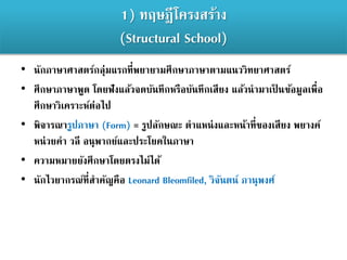 1) ทฤษฎีโครงสร้าง
(Structural School)
• นักภาษาศาสตร์กลุ่มแรกที่พยายามศึกษาภาษาตามแนววิทยาศาสตร์
• ศึกษาภาษาพูด โดยฟังแล้วจดบันทึกหรือบันทึกเสียง แล้วนามาเป็ นข้อมูลเพื่อ
ศึกษาวิเคราะห์ต่อไป
• พิจารณารูปภาษา (Form) = รูปลักษณะ ตาแหน่งและหน้าที่ของเสียง พยางค์
หน่วยคา วลี อนุพากย์และประโยคในภาษา
• ความหมายยังศึกษาโดยตรงไม่ได้
• นักไวยากรณ์ที่สาคัญคือ Leonard Bleomfiled, วิจันตน์ ภานุพงศ์
 