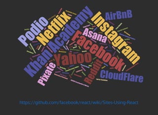 Oyster
BBC
BigRentz
Beyondpad
BoomTown
Brigade
C5mail
CloudFlare
CMNcom
CustomInk
Distiller
EMEX
EyeEm
Facebook
Factlink
FaithStreet
Flexport
FiftyThreeMix
FINN
FlightYogurt
Flipkart
GetStack
Guidebook
HackerOne
Html2CoffeeReact
ICX
Imgur
InstagramInstructure
Iodine
Itele
KISSmetrics
Kupibilet
Layer
LeFigaro
LockedOn
AddThis
mPATH
Musixmatch
Netflix
NoRedInk
Orobix
RevUP
PaddleGuruPatience
PivotalTracker
Pixate
AirBnB
Podio
Posiq
Quizlet
QuizUp
Recurly
Reddit
Redfin
Rollbar
Rushmore
Sauspiel
SberBank
AsanaSellerCrowd
Sonian
Stam
psy
Storehouse
Swipely
Tilt
Timerepublik
TMdict
TvTag
Uniregistry
Venm
o
Verbling
Versal
Wagon
Wired
Yahoo
Zendesk
Zvooq
Taobao
Alipay
Aha
ENCODE Encyclopedia of DNA Ele
Glip Mobile
KhanAcadem
y
Madrone Software Analytcs
Maxwell Health
Minerva Project
Palo Alto Software
Planning Center Online
Prism
Skylabs
RallySoftware
Rockefeller Center
SiftScience
Talk by Teambition
TraitifyDeveloperPortal
TrunkClub
University of Cincinnati
Vida Digital
https://github.com/facebook/react/wiki/Sites-Using-React
 