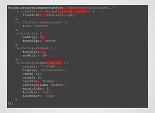 styler.registerComponentStyles('ChartPushNotifications', {
'& .LineChart-lines path:nth-of-type(2)': {
transform: 'translateY(-2px)'
},
'& .LineChart-background': {
fill: '#f5f5f5'
},
'&-tooltip': {
padding: 10,
textAlign: 'center'
},
'&-tooltip-channel': {
fontSize: 12,
maxWidth: 180
},
'&-tooltip-channel:before': {
content: '"2588"',
display: 'inline-block',
width: 10,
height: 10,
overflow: 'hidden',
verticalAlign: 'middle',
marginRight: 5,
fontSize: '1em',
lineHeight: '10px'
}
});
 