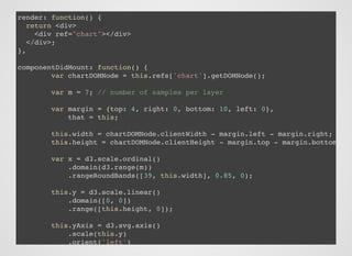 render: function() {
return <div>
<div ref="chart"></div>
</div>;
},
componentDidMount: function() {
var chartDOMNode = this.refs['chart'].getDOMNode();
var m = 7; // number of samples per layer
var margin = {top: 4, right: 0, bottom: 10, left: 0},
that = this;
this.width = chartDOMNode.clientWidth - margin.left - margin.right;
this.height = chartDOMNode.clientHeight - margin.top - margin.bottom;
var x = d3.scale.ordinal()
.domain(d3.range(m))
.rangeRoundBands([39, this.width], 0.85, 0);
this.y = d3.scale.linear()
.domain([0, 0])
.range([this.height, 0]);
this.yAxis = d3.svg.axis()
.scale(this.y)
.orient('left')
.tickSize(-this.width, 0)
 