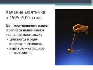 Качание маятника
в 1995-2015 годы
Взаимоотношения власти
и бизнеса напоминают
«качание маятника»:
• движется в одну
сторону – оттепель,
• в другую – страшное
похолодание.
 