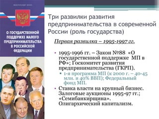 Три развилки развития
предпринимательства в современной
России (роль государства)
Первая развилка – 1995-1997 гг.
• 1995-1996 гг. – Закон №88 «О
государственной поддержке МП в
РФ»; Госкомитет развития
предпринимательства (ГКРП).
 1-я программа МП (к 2000 г. – 40-45
млн. и 40% ВВП); Федеральный
фонд МП.
• Ставка власти на крупный бизнес.
Залоговые аукционы 1995-97 гг.;
«Семибанкирщина».
Олигархический капитализм.
 
