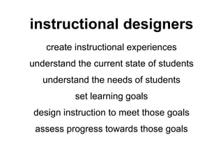 instructional designers
create instructional experiences
understand the current state of students
understand the needs of students
set learning goals
design instruction to meet those goals
assess progress towards those goals
 