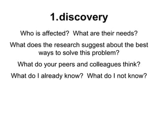 1.discovery
Who is affected? What are their needs?
What does the research suggest about the best
ways to solve this problem?
What do your peers and colleagues think?
What do I already know? What do I not know?
 