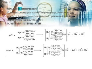 Кількісне визначення:
Комплексонометрія, пряме титрування розчином натрію
едетату, індикатор – ксиленоловий оранжевий; (s = 1 у
перерахунку на вісмут) (ДФУ):
H3Ind + Bi3+
→ BiInd + 3H+
Слайд 12
 