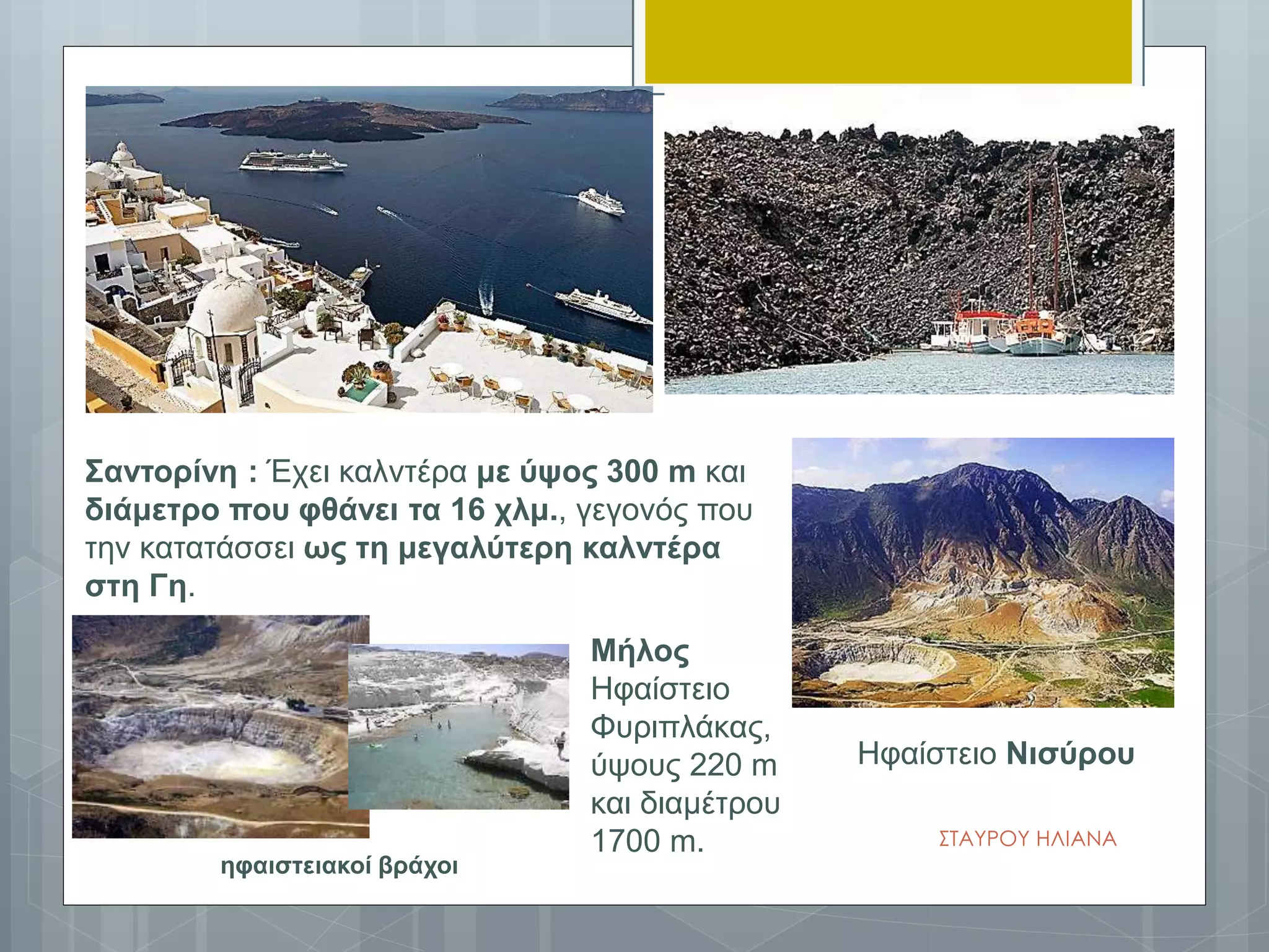 ΣΤΑΥΡΟΥ ΗΛΙΑΝΑ
Ηφαίστειο Νισύρου
Σαντορίνη : Έχει καλντέρα με ύψος 300 m και
διάμετρο που φθάνει τα 16 χλμ., γεγονός που
την κατατάσσει ως τη μεγαλύτερη καλντέρα
στη Γη.
Μήλος
Ηφαίστειο
Φυριπλάκας,
ύψους 220 m
και διαμέτρου
1700 m.
ηφαιστειακοί βράχοι
 