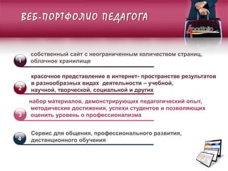 ВЕБ-ПОРТФОЛИО ПЕДАГОГА
1
собственный сайт с неограниченным количеством страниц,
облачное хранилище
красочное представление в интернет- пространстве результатов
в разнообразных видах деятельности – учебной,
научной, творческой, социальной и других
набор материалов, демонстрирующих педагогический опыт,
методические достижения, успехи студентов и позволяющих
оценить уровень о профессионализма
Сервис для общения, профессионального развития,
дистанционного обучения
2
3
4
 