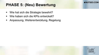 PHASE 5: (Neu) Bewertung
 Wie hat sich die Strategie bewehrt?
 Wie haben sich die KPIs entwickelt?
 Anpassung, Weiterentwicklung, Regelung
 