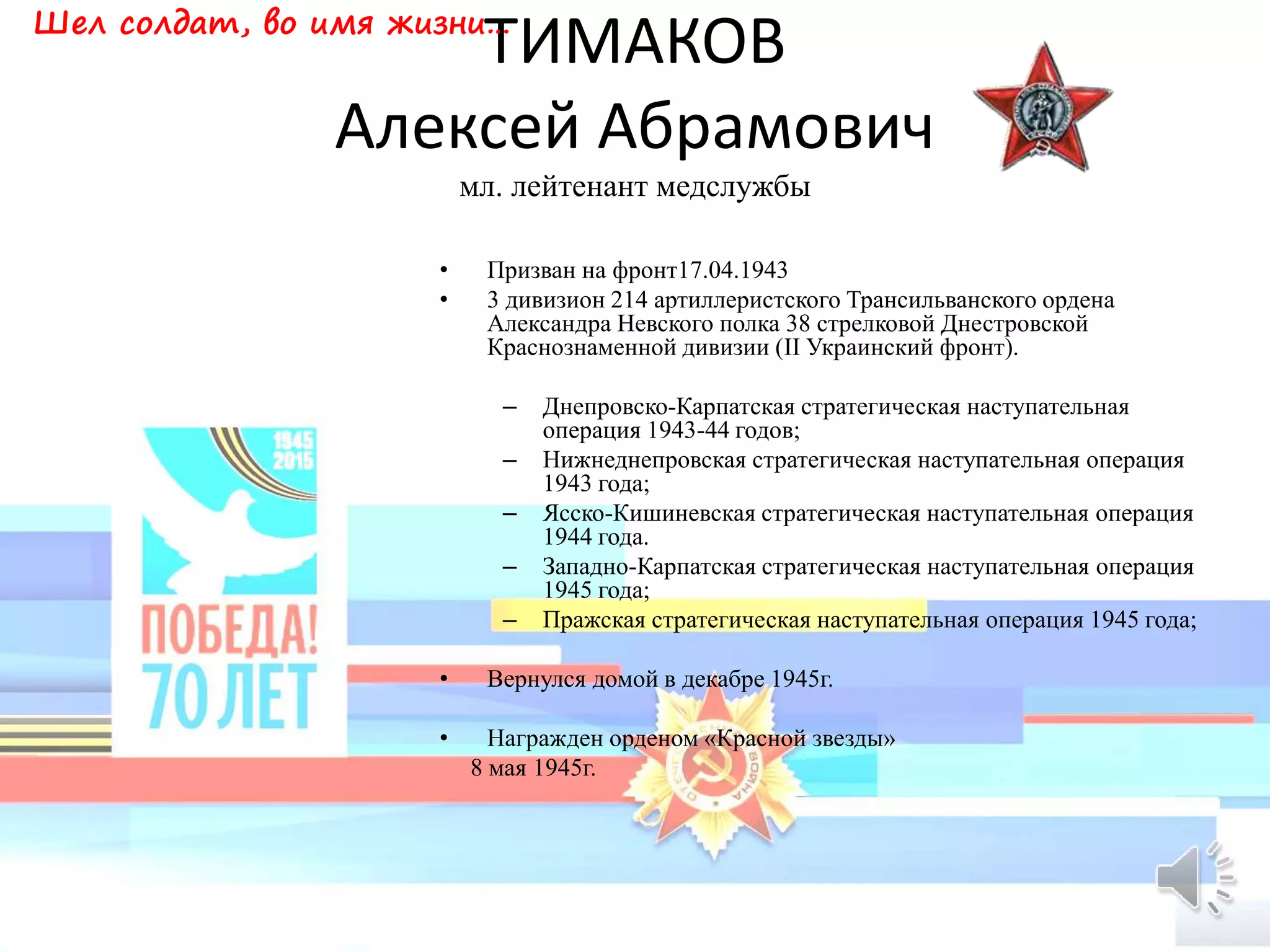 ТИМАКОВ
Алексей Абрамович
мл. лейтенант медслужбы
• Призван на фронт17.04.1943
• 3 дивизион 214 артиллеристского Трансильванского ордена
Александра Невского полка 38 стрелковой Днестровской
Краснознаменной дивизии (II Украинский фронт).
– Днепровско-Карпатская стратегическая наступательная
операция 1943-44 годов;
– Нижнеднепровская стратегическая наступательная операция
1943 года;
– Ясско-Кишиневская стратегическая наступательная операция
1944 года.
– Западно-Карпатская стратегическая наступательная операция
1945 года;
– Пражская стратегическая наступательная операция 1945 года;
• Вернулся домой в декабре 1945г.
• Награжден орденом «Красной звезды»
8 мая 1945г.
Шел солдат, во имя жизни…
 
