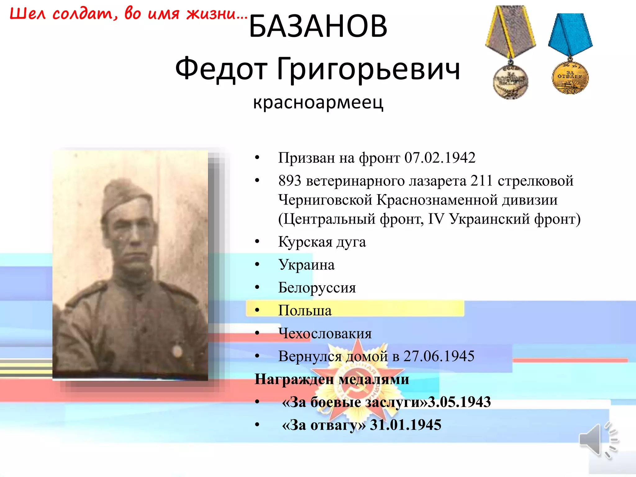 БАЗАНОВ
Федот Григорьевич
красноармеец
• Призван на фронт 07.02.1942
• 893 ветеринарного лазарета 211 стрелковой
Черниговской Краснознаменной дивизии
(Центральный фронт, IV Украинский фронт)
• Курская дуга
• Украина
• Белоруссия
• Польша
• Чехословакия
• Вернулся домой в 27.06.1945
Награжден медалями
• «За боевые заслуги»3.05.1943
• «За отвагу» 31.01.1945
Шел солдат, во имя жизни…
 