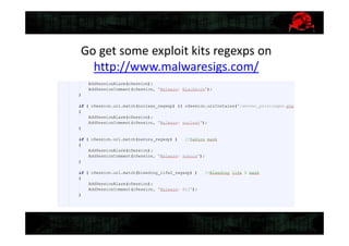 Go get some exploit kits regexps on
http://www.malwaresigs.com/
 