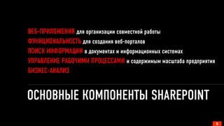 ОСНОВНЫЕ КОМПОНЕНТЫ SHAREPOINT
5
ВЕБ-ПРИЛОЖЕНИЯ для организации совместной работы
ФУНКЦИОНАЛЬНОСТЬ для создания веб-порталов
ПОИСК ИНФОРМАЦИИ в документах и информационных системах
УПРАВЛЕНИЕ РАБОЧИМИ ПРОЦЕССАМИ и содержимым масштаба предприятия
БИЗНЕС-АНАЛИЗ
 