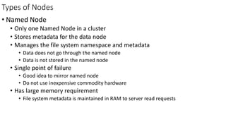 Types of Nodes
• Named Node
• Only one Named Node in a cluster
• Stores metadata for the data node
• Manages the file system namespace and metadata
• Data does not go through the named node
• Data is not stored in the named node
• Single point of failure
• Good idea to mirror named node
• Do not use inexpensive commodity hardware
• Has large memory requirement
• File system metadata is maintained in RAM to server read requests
 