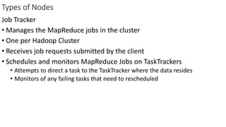 Types of Nodes
Job Tracker
• Manages the MapReduce jobs in the cluster
• One per Hadoop Cluster
• Receives job requests submitted by the client
• Schedules and monitors MapReduce Jobs on TaskTrackers
• Attempts to direct a task to the TaskTracker where the data resides
• Monitors of any failing tasks that need to rescheduled
 