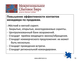 www.sale-buro.ru 10
Повышение эффективности контактов
менеджера по продажам.
- Жёсткий и мягкий скрипт.
- Закрытые, открытые, многоуровневые скрипты.
- Централизованный банк возражений.
- Стандарт приёма входящего звонка/обращения.
- Стандарт коммерческого предложения: их может
быть несколько.
- Стандарт проведения встречи.
- Стандарт региональной командировки.
 