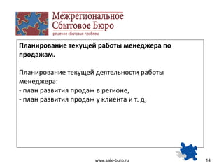 www.sale-buro.ru 14
Планирование текущей работы менеджера по
продажам.
Планирование текущей деятельности работы
менеджера:
- план развития продаж в регионе,
- план развития продаж у клиента и т. д,
 