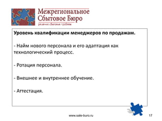 www.sale-buro.ru 17
Уровень квалификации менеджеров по продажам.
- Найм нового персонала и его адаптация как
технологический процесс.
- Ротация персонала.
- Внешнее и внутреннее обучение.
- Аттестация.
 